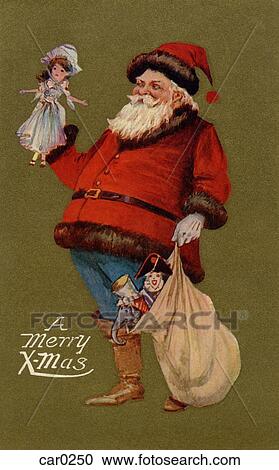 Clipart - Vintage Christmas postcard of Santa holding a doll and a sack of gifts. Fotosearch