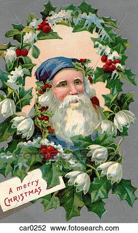 Drawing - Vintage Christmas postcard of Santa Claus wearing a blue hat while peering from a wreath. Fotosearch