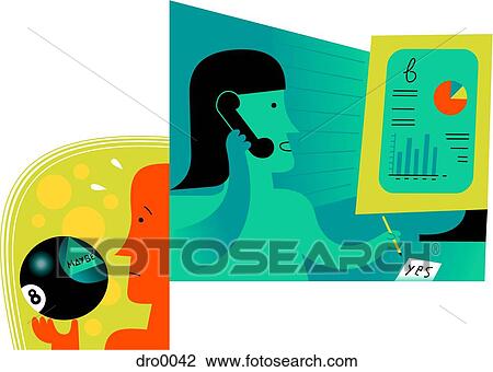 Drawing - Woman on telephone in front of computer, performing answer service. Fotosearch