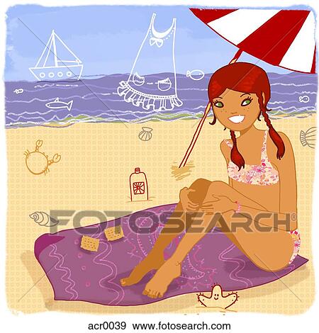 Young woman at beach, sitting under an umbrella View Large Illustration Stock Illustration - Young woman at beach, sitting under an umbrella. Fotosearch
