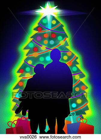 シルエット の ２人の子供たち 地位 の前 A 白熱 クリスマスツリー そして 贈り物 イラスト Vva0026 Fotosearch