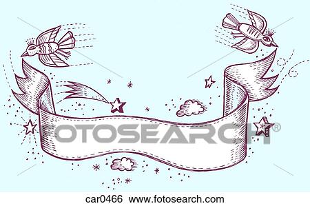 Stock Illustration - A banner held on either side by birds and surrounded by stars. Fotosearch