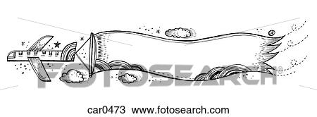 Drawing - A black and white banner being pulled through the sky by an airplane. Fotosearch