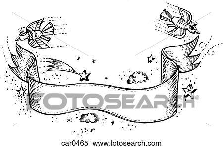 Stock Illustration - A black and white banner held on either side by birds and surrounded by stars. Fotosearch