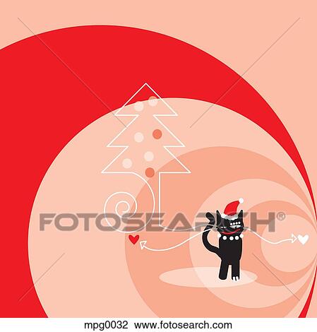 A black cat wearing a Santa hat, a Christmas tree and red and pink swirls View Large Illustration Drawing - A black cat wearing a Santa hat, a Christmas tree and red and pink swirls. Fotosearch