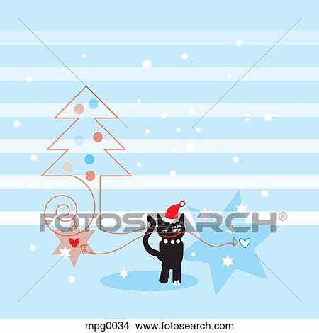 A black cat wearing a Santa hat next to a Christmas tree and stars View Large Illustration Stock Illustration - A black cat wearing a Santa hat next to a Christmas tree and stars. Fotosearch