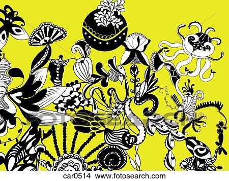 A black, yellow and white whimsical floral background View Large Illustration Stock Illustration - A black, yellow and white whimsical floral background. Fotosearch