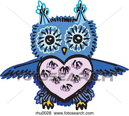 Stock Illustration - A blue and purple owl with wings outspread and a heart-shaped chest. Fotosearch