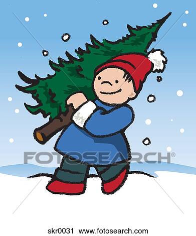 A boy carrying a freshly-cut Christmas tree View Large Illustration Clip Art - A boy carrying a freshly-cut Christmas tree. Fotosearch