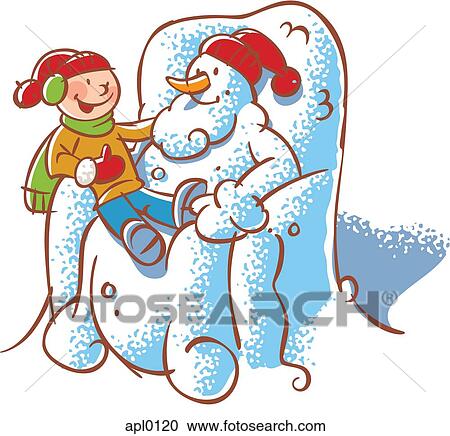 A boy sitting on the lap of a Santa Claus snowman View Large Illustration Clipart - A boy sitting on the lap of a Santa Claus snowman. Fotosearch