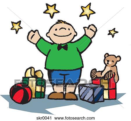 Clip Art - A boy underneath stars surrounded by gifts. Fotosearch