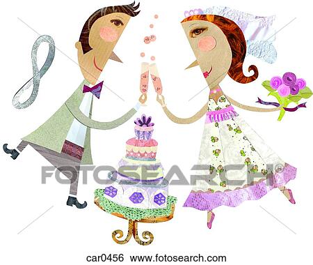 Stock Illustration - A bride and groom giving a champagne toast with a wedding cake, a bouquet and an eternity symbol. Fotosearch