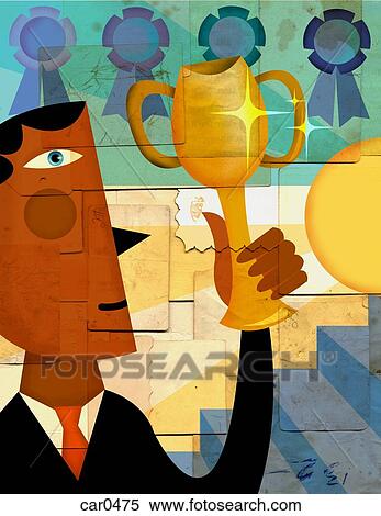 Stock Illustration - A businessman holding a trophy, with prize ribbons, the sun, and stairs in the background. Fotosearch