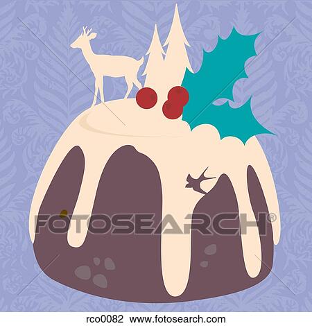 A Christmas pudding with holly, a deer, trees and sparrow figurines on it View Large Illustration Drawing - A Christmas pudding with holly, a deer, trees and sparrow figurines on it. Fotosearch