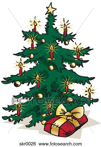 Stock Illustration - A Christmas tree and a large wrapped present. Fotosearch