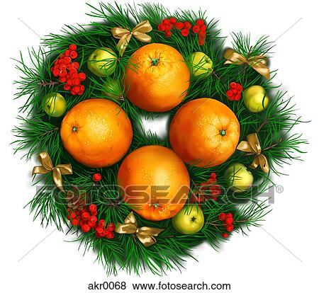 A Christmas wreath with oranges and ribbons View Large Illustration Stock Illustration - A Christmas wreath with oranges and ribbons. Fotosearch