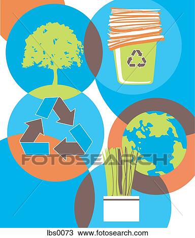 A collage about recycling showing a tree, recycled paper, the earth, a plant and the recycling symbol View Large Illustration Drawing - A collage about recycling showing a tree, recycled paper, the earth, a plant and the recycling symbol. Fotosearch