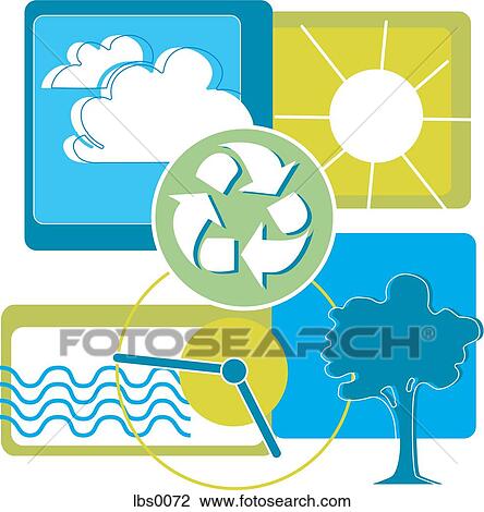Drawing - A collage depicting the recycling symbol and a clock face surrounded by the sun, a tree, water and clouds. Fotosearch