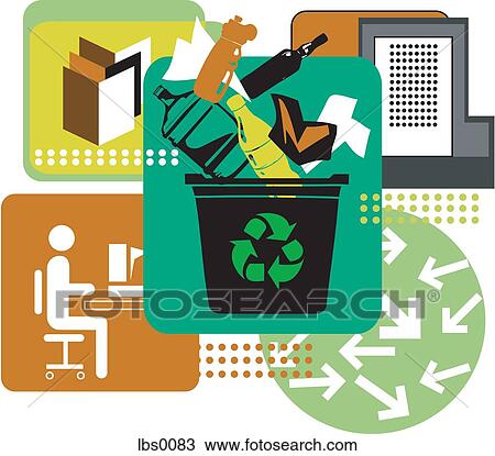 A collage showing a recycle bin overflowing with bottles View Large Illustration Drawing - A collage showing a recycle bin overflowing with bottles. Fotosearch
