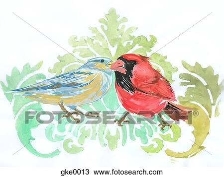 A couple of winter birds on an ornate background View Large Illustration Drawing - A couple of winter birds on an ornate background. Fotosearch