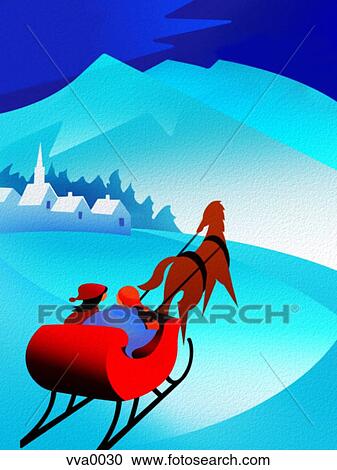Clipart - A couple on a horse-drawn sleigh ride through the snow with a town in the distance. Fotosearch