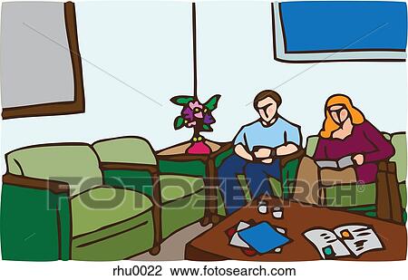 Drawing - A couple reading magazines in a waiting room. Fotosearch