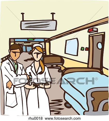 Stock Illustration - A doctor and a nurse standing in a hospital hall. Fotosearch