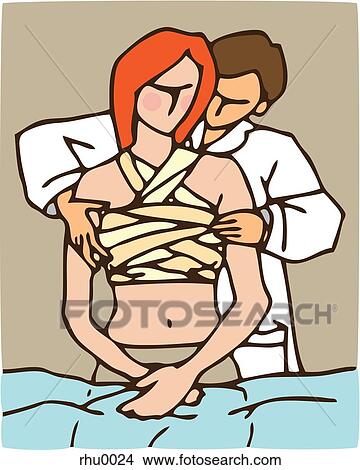 A doctor applying bandages to a female patients chest View Large Illustration Stock Illustration - A doctor applying bandages to a female patients chest. Fotosearch