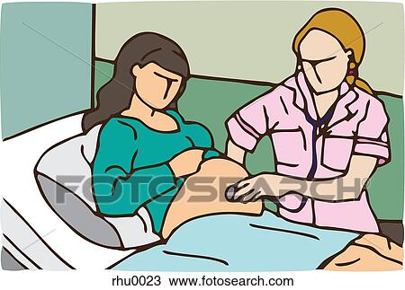 Drawing - A doctor listening to a pregnant womans belly with a stethoscope. Fotosearch