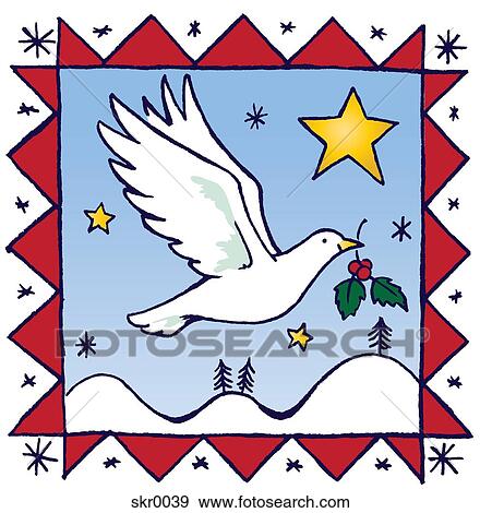 A dove flying with holly in its mouth, with a star in background View Large Illustration Stock Illustration - A dove flying with holly in its mouth, with a star in background. Fotosearch