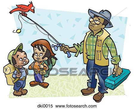Stock Illustration - A father with his two children on a fishing trip. Fotosearch