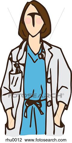 A female doctor in a white coat with stethoscope and hands in pockets View Large Illustration Drawing - A female doctor in a white coat with stethoscope and hands in pockets. Fotosearch