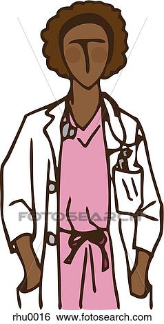 A female doctor in a white coat with stethoscope and hands in pockets View Large Illustration Stock Illustration - A female doctor in a white coat with stethoscope and hands in pockets. Fotosearch