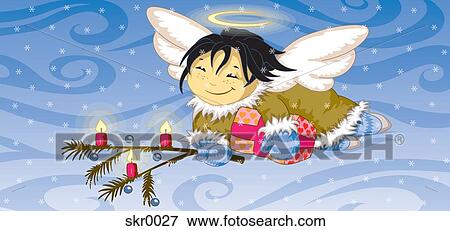 A flying angel holding a gift and Christmas bough View Large Illustration Stock Illustration - A flying angel holding a gift and Christmas bough. Fotosearch