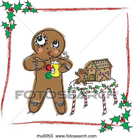 Drawing - A gingerbread man having a gingerbread cookie with hot cocoa. Fotosearch