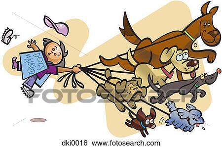 Stock Illustration - A girl being pulled through the air by a group of dogs. Fotosearch
