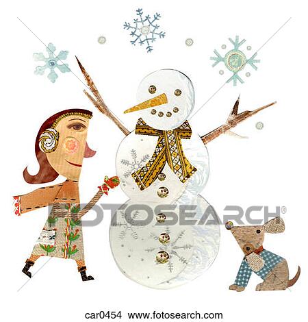 A girl building a snowman as her dog watches and snowflakes fall View Large Illustration Stock Illustration - A girl building a snowman as her dog watches and snowflakes fall. Fotosearch