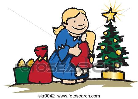 Drawing - A girl holding a doll standing next to a Christmas tree and presents. Fotosearch