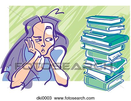 Drawing - A girl looking at a stack of books. Fotosearch
