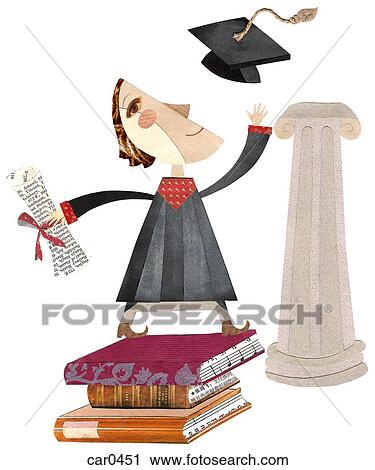 A graduate holding a diploma throws cap in the air, while standing on books next to a column View Large Illustration Clip Art - A graduate holding a diploma throws cap in the air, while standing on books next to a column. Fotosearch