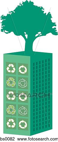 A green building with recycling symbols on the side and a tree growing from it View Large Illustration Drawing - A green building with recycling symbols on the side and a tree growing from it. Fotosearch