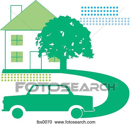 A green car driving from a house with a tree in front of it View Large Illustration Clipart - A green car driving from a house with a tree in front of it. Fotosearch