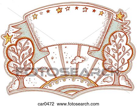 Drawing - A large banner above a sunrise and trees. Fotosearch