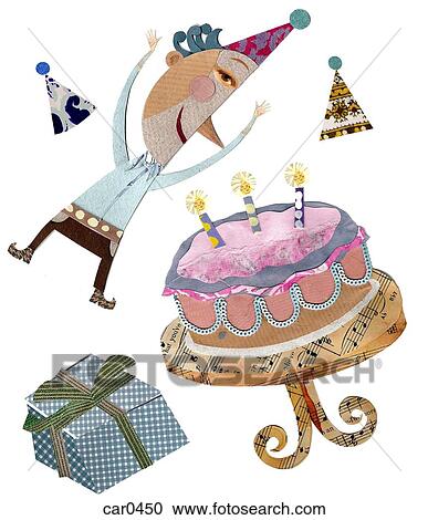 A man celebrating his birthday with a cake, party hats and a present View Large Illustration Clipart - A man celebrating his birthday with a cake, party hats and a present. Fotosearch