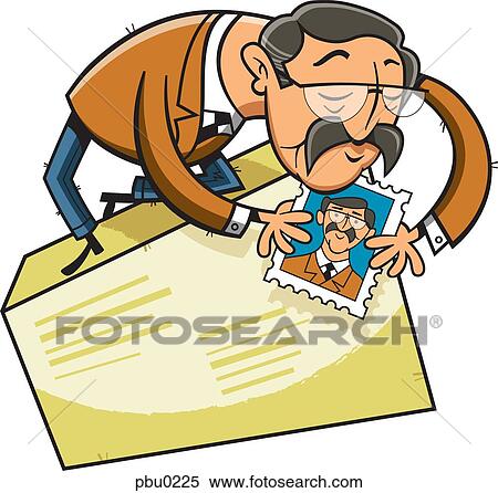 A man putting a stamp with his own picture on a large envelope View Large Illustration Stock Illustration - A man putting a stamp with his own picture on a large envelope. Fotosearch