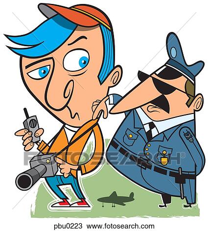 A man with a camera and cellphone being tapped on the shoulder by a policeman View Large Illustration Drawing - A man with a camera and cellphone being tapped on the shoulder by a policeman. Fotosearch