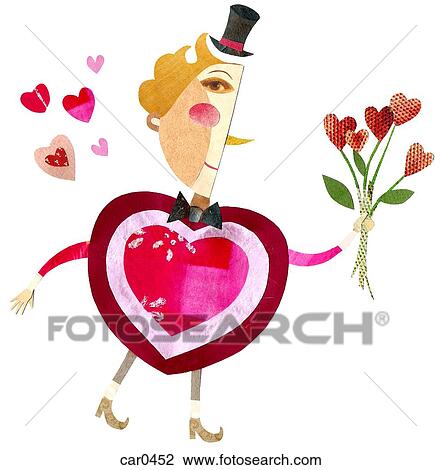 A man with a heart-shaped body holding flowers and wearing a top hat View Large Illustration Drawing - A man with a heart-shaped body holding flowers and wearing a top hat. Fotosearch