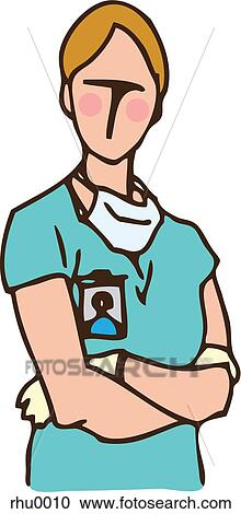 Clipart - A medical assistant with surgical gloves, mask and ID badge. Fotosearch