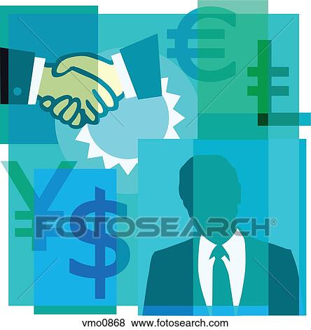 A montage of a businessman, a handshake, and currency symbols View Large Illustration Stock Illustration - A montage of a businessman, a handshake, and currency symbols. Fotosearch