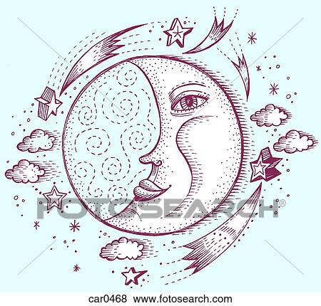Stock Illustration - A moon with a human face, and shooting stars and clouds around it. Fotosearch